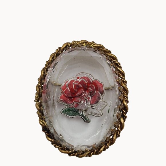 Vintage Gold-Toned Frame Clear Glass Red Handpainted Rose Brooch Fashion Jewelry - Picture 4 of 16
